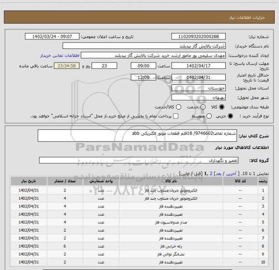 استعلام شماره تقاضا9746602/ 18قلم قطعات موتور الکتریکی abb