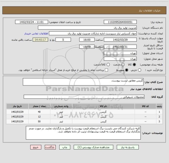 استعلام گریس مطابق لیست پیوست.