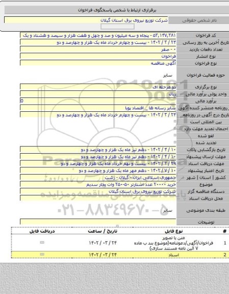 مناقصه, خرید ۲۰۰۰۰ عدد استارتر ۵۰-۲۵۰ وات بخار سدیم