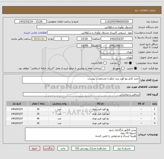 استعلام خرید کابل پچ کورد برند تایکو با مشخصات پیوست