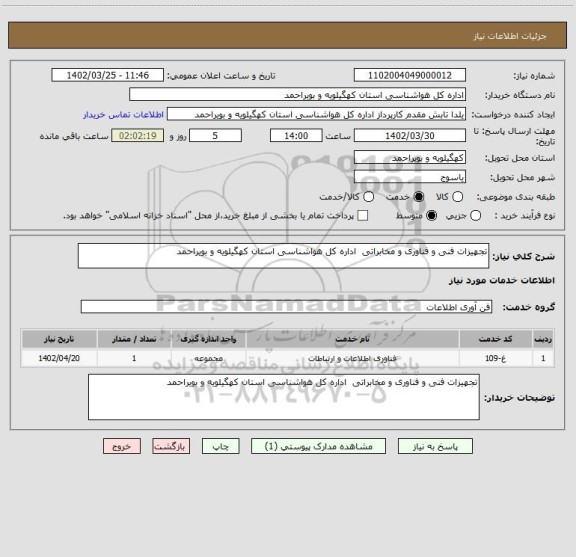 استعلام تجهیزات فنی و فناوری و مخابراتی  اداره کل هواشناسی استان کهگیلویه و بویراحمد