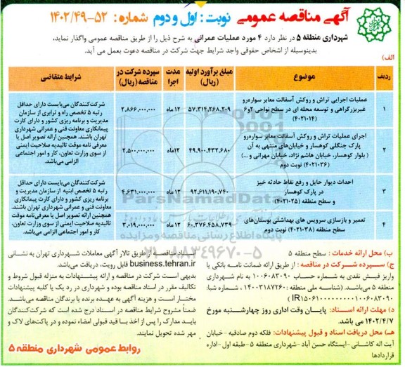 مناقصه عملیات اجرایی تراش و روکش آسفالت معابر سواره رو غیر بزرگراهی ....