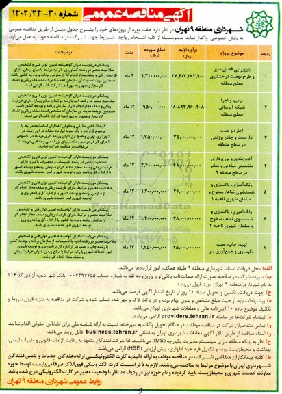 مناقصه بازپیرایی فضای سبز و طرح نهضت درختکاری سطح منطقه و...