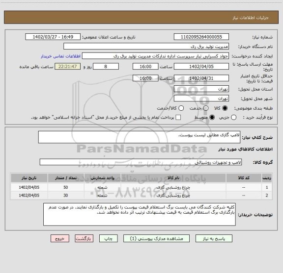 استعلام لامپ گازی مطابق لیست پیوست.