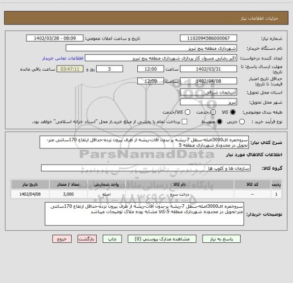 استعلام سروخمره ای3000اصله-سطل 7-ریشه پر-بدون آفات-ریشه از ظرف بیرون نزده-حداقل ارتفاع 170سانتی متر-تحویل در محدوده شهرداری منطقه 5