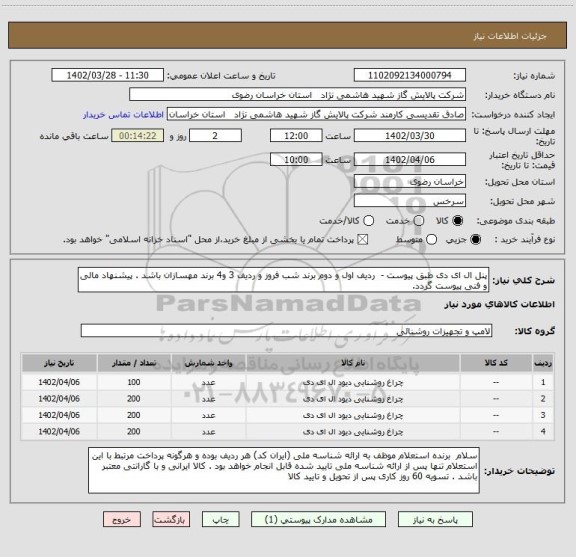 استعلام پنل ال ای دی طبق پیوست -  ردیف اول و دوم برند شب فروز و ردیف 3 و4 برند مهسازان باشد . پیشنهاد مالی و فنی پیوست گردد.