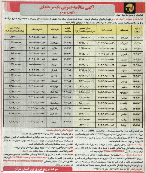 مناقصه عمومی پروژه های توسعه و احداث شبکه های توزیع (توسعه شهری)... - نوبت دوم 