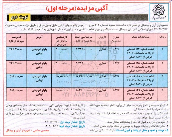 مزایده و اگذاری چهار قطعه زمین 