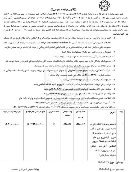 مزایده واگذاری 9 نقطه واقع در ناحیه شهری- نوبت دوم