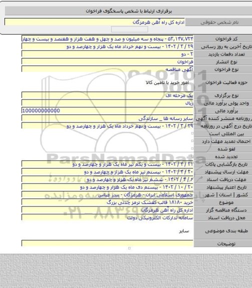 مناقصه, خرید ۱۸۱۸۰ قالب کفشک ترمز چدنی بزرگ