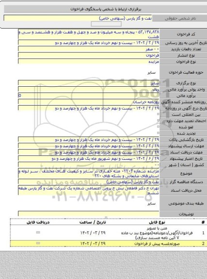 مزایده, مزایده شماره ۰۲۲۰۳ مته حفاری در سایز و کیفیت های مختلف ، سر لوله و استاپرهای ضایعاتی و بشکه های ۲۲۰