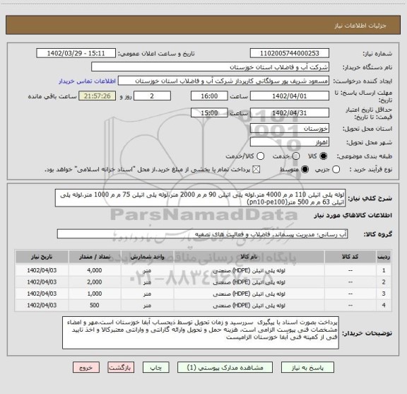 استعلام لوله پلی اتیلن 110 م م 4000 متر،لوله پلی اتیلن 90 م م 2000 متر،لوله پلی اتیلن 75 م م 1000 متر،لوله پلی اتیلن 63 م م 500 متر(pn10-pe100)