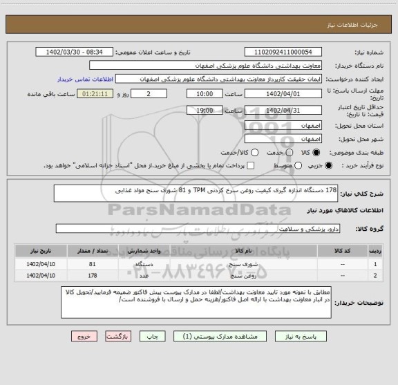 استعلام 178 دستگاه اندازه گیری کیفیت روغن سرخ کردنی TPM و 81 شوری سنج مواد غذایی