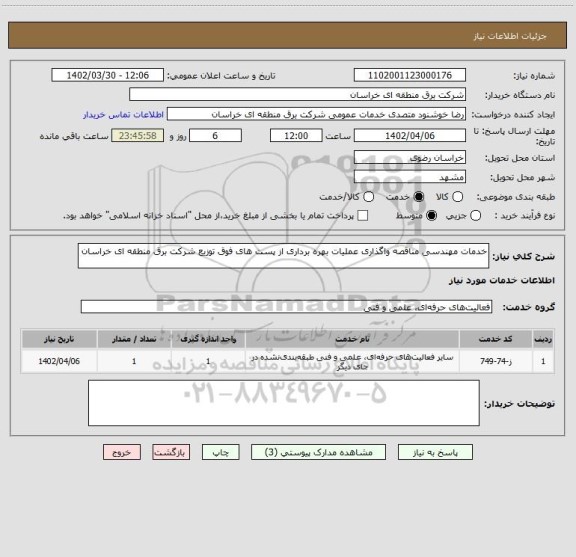 استعلام خدمات مهندسی مناقصه واگذاری عملیات بهره برداری از پست های فوق توزیع شرکت برق منطقه ای خراسان