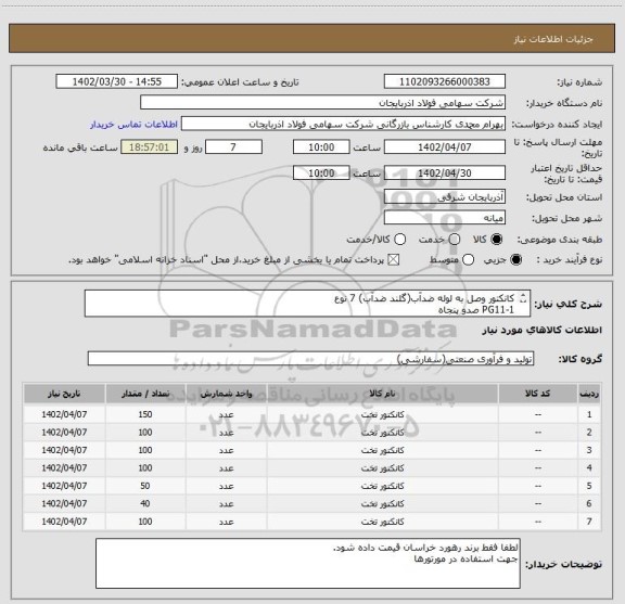 استعلام کانکتور وصل به لوله ضدآب(گلند ضدآب) 7 نوع
1-PG11 صدو پنجاه 
2-PG13.5-صد
4-PG21-صد 
6-PG29-چهل 
7-PG36 -صد