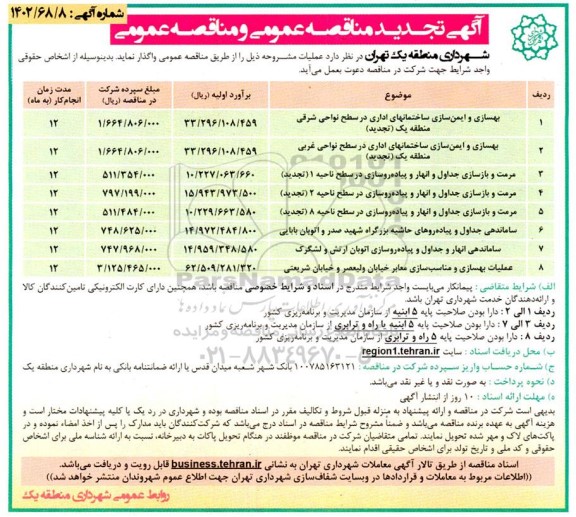 تجدید مناقصه و مناقصه بهسازی و ایمن سازی ساختمانهای اداری..