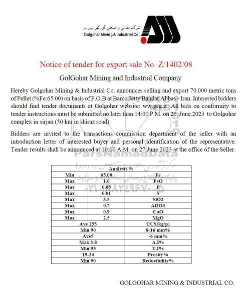 مزایده و مناقصه  70.000metric tons of Pellet (%Fe:65.00) 