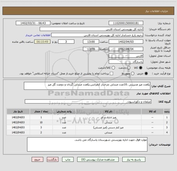 استعلام یکعدد میز مدیریتی ،10عدد صندلی چرخدار کنفرانس،یکعدد صندلی گردان و دوعدد گل میز