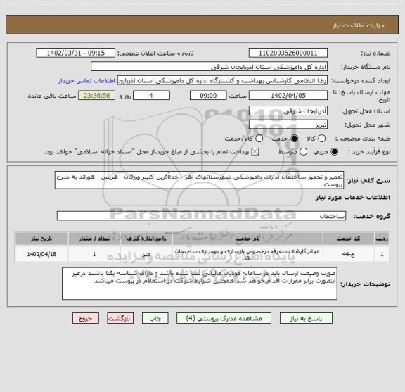 استعلام تعمیر و تجهیز ساختمان ادارات دامپزشکی شهرستانهای اهر - خداآفرین کلیبر ورزقان - هریس - هوراند به شرح پیوست