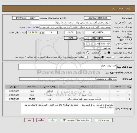 استعلام قند ، چای ، لیوان