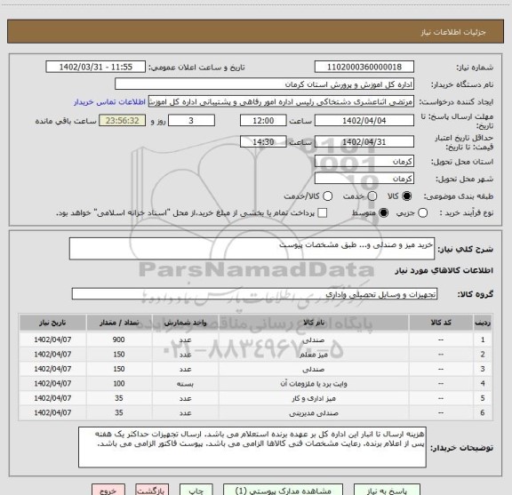 استعلام خرید میز و صندلی و... طبق مشخصات پیوست