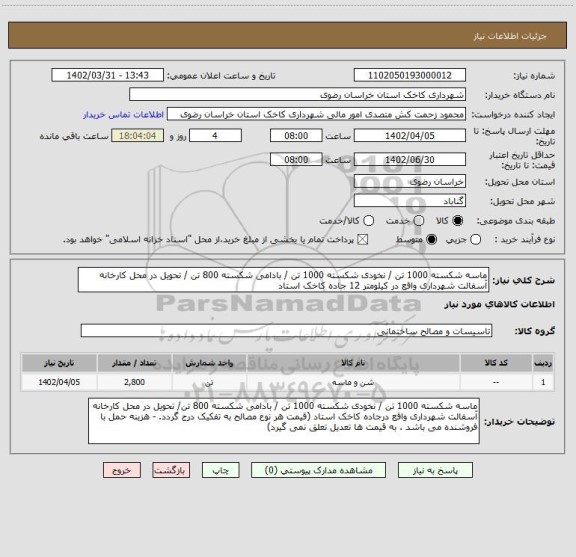 استعلام ماسه شکسته 1000 تن / نخودی شکسته 1000 تن / بادامی شکسته 800 تن / تحویل در محل کارخانه آسفالت شهرداری واقع در کیلومتر 12 جاده کاخک استاد