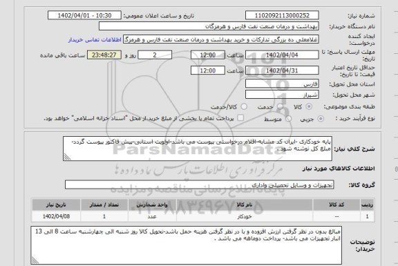 استعلام پایه خودکاری -ایران کد مشابه-اقلام درخواستی پیوست می باشد-اولویت استانی-پیش فاکتور پیوست گردد-مبلغ کل نوشته شود .