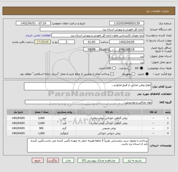 استعلام انواع روغن غذایی از قبیل:مایع و...