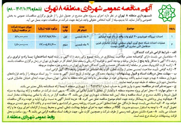 مناقصه احداث نیروگاه خورشیدی 30 کیلووات واقع در باغ موزه مینیاتور ...