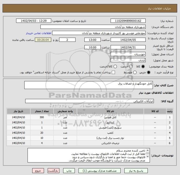 استعلام کابل خودنگهدار و اتصالات برق