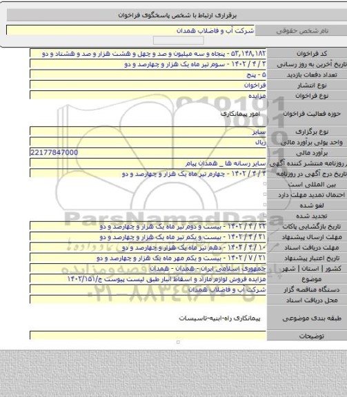 مزایده, مزایده فروش لوازم مازاد و اسقاط انبار طبق لیست پیوست  ج/۱۴۰۲/۱۵۱