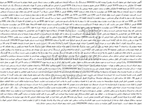 آگهی مزایده ششدانگ یک دستگاه آپارتمان مسکونی واقع در سمت شمال غربی طبقه چهارم به مساحت 58/99 متر مربع قطعه 13 تفکیکی