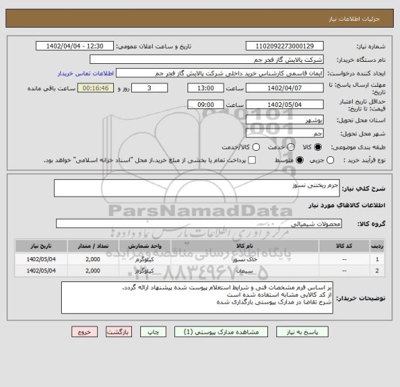 استعلام جرم ریختنی نسوز