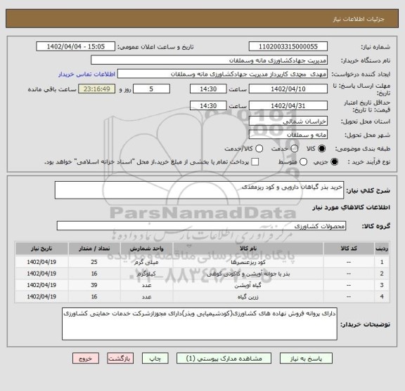 استعلام خرید بذر گیاهان دارویی و کود ریزمغذی