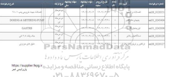 استعلام اتصالات جهت خروجی پمپ 9801 و ...