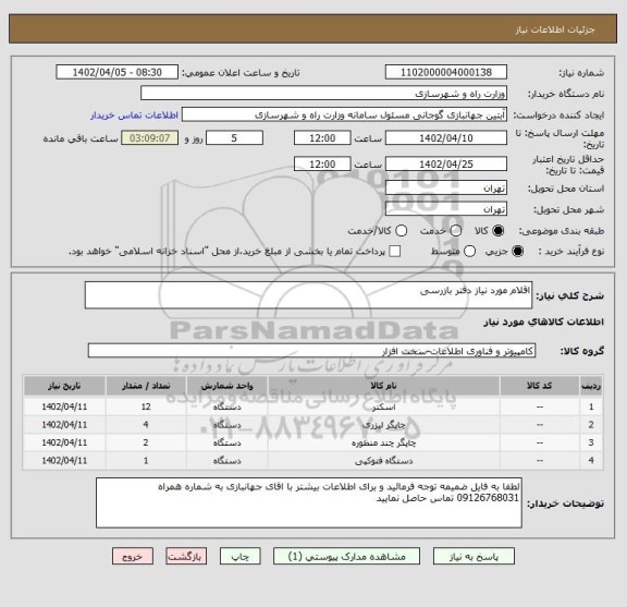 استعلام اقلام مورد نیاز دفتر بازرسی