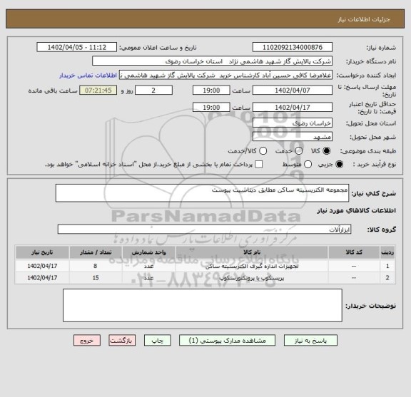 استعلام مجموعه الکتریسیته ساکن مطابق دیتاشیت پیوست