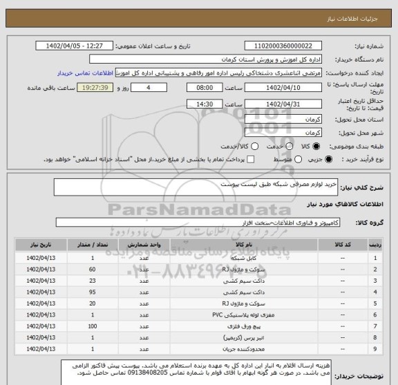 استعلام خرید لوازم مصرفی شبکه طبق لیست پیوست