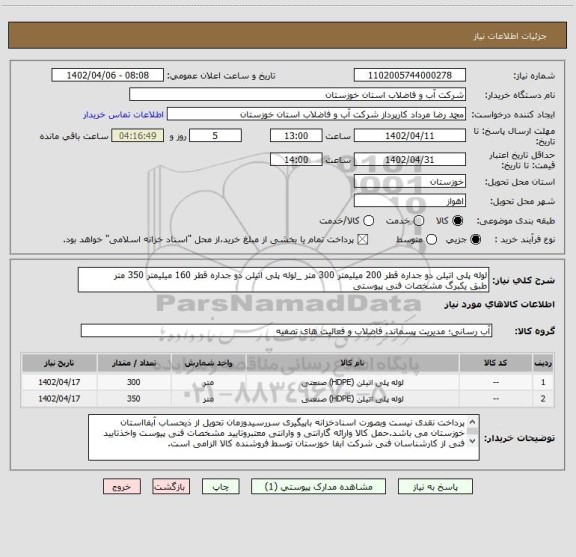 استعلام لوله پلی اتیلن دو جداره قطر 200 میلیمتر 300 متر _لوله پلی اتیلن دو جداره قطر 160 میلیمتر 350 متر
طبق یکبرگ مشخصات فنی پیوستی