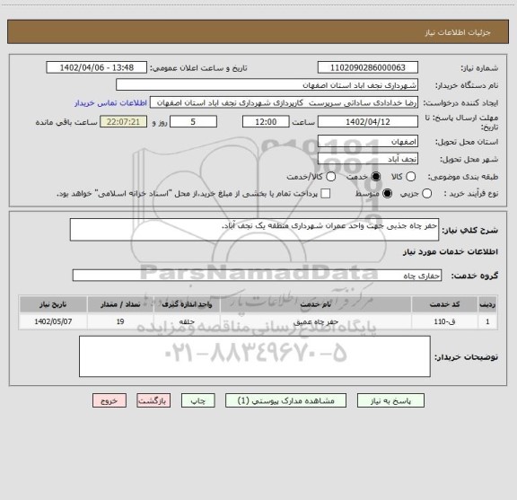 استعلام حفر چاه جذبی جهت واحد عمران شهرداری منطقه یک نجف آباد.