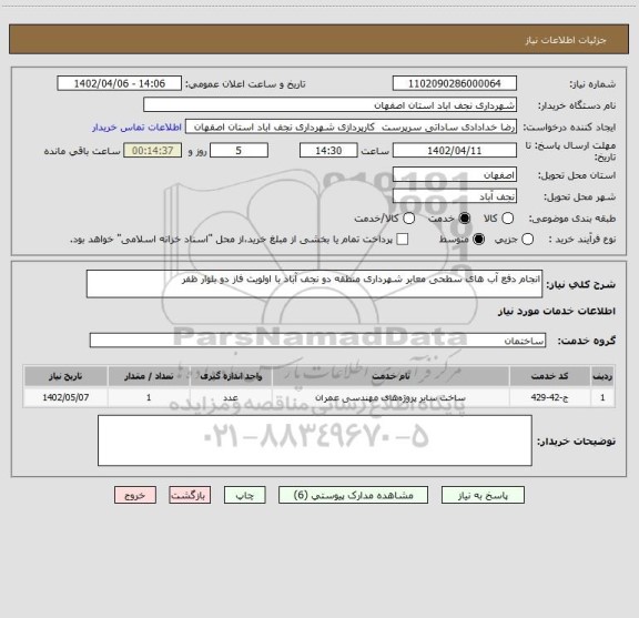 استعلام انجام دفع آب های سطحی معابر شهرداری منطقه دو نجف آباد با اولویت فاز دو بلوار ظفر