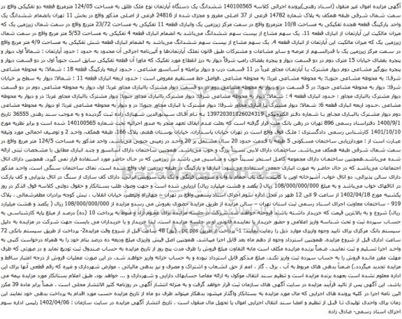 آگهی مزایده ششدانگ یک دستگاه آپارتمان نوع ملک طلق به مساحت 124/05 مترمربع قطعه دو تفکیکی 