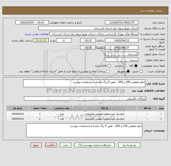 استعلام تابلو عمومی 100 و 200 - طبق 5 برگ نقشه و مشخصات پیوست