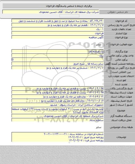 مناقصه, توسعه یک بی خط در پست ۴۰۰ کیلوولت بجنورد و احداث پست ۱۳۲ کیلوولت منطقه ویژه اقتصادی بجنورد (بیدک)