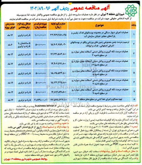 مناقصه عملیات اجرای دیوار سنگی ....