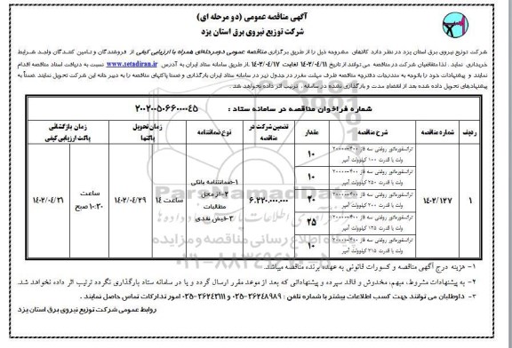 مناقصه ترانسفورماتور روغنی سه فاز 400- 20000 ولت