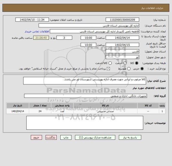 استعلام کالا مرغوب و ایرانی جهت مصرف اداره بهزیستی شهرستان اوز می باشد.