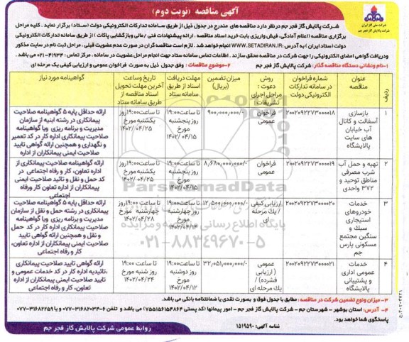 مناقصه بازسازی آسفالت و کانال آب خیابان های... - نوبت دوم 