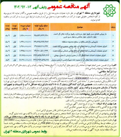 مناقصه بازپیرایی فضای سبز رفیوژ بلوار و....