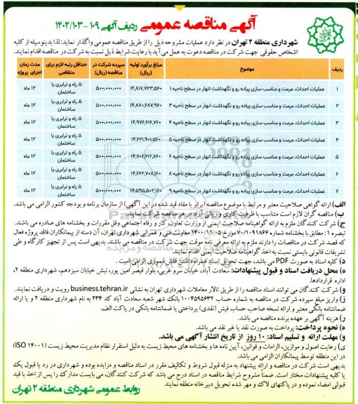 مناقصه عملیات احداث، مرمت و مناسب سازی پیاده رو و نگهداشت انهار در سطح ناحیه....